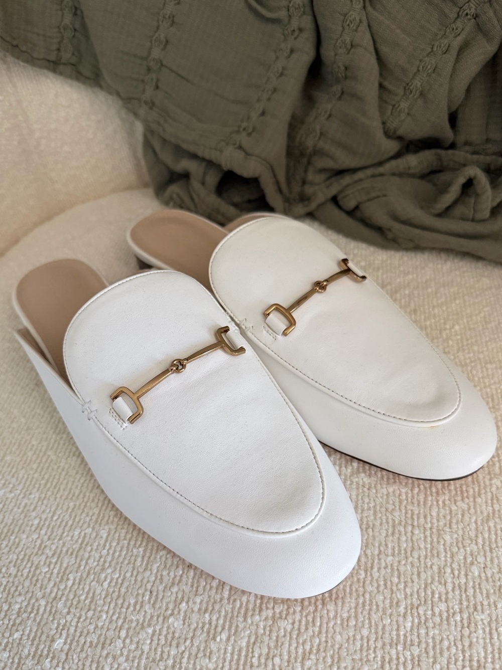 White Leather Horsebit Slide Mules